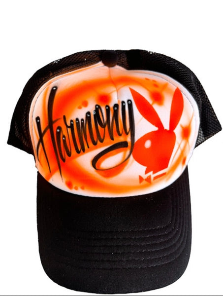 Playboy Bunny and name airbrushed on Trucker hat